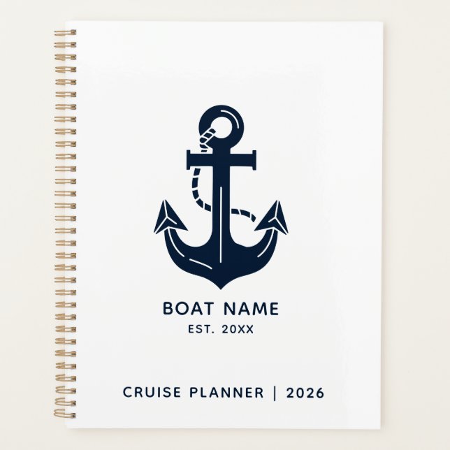 Nautical Navy Blue Boat Name Anchor Planner (Front)