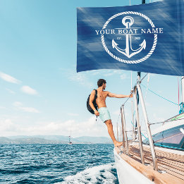 Nautical Navy Blue Boat Name Anchor Rope Boat or Car Flag