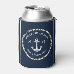 Nautical Navy Blue Boat Name Anchor Rope Can Cooler
