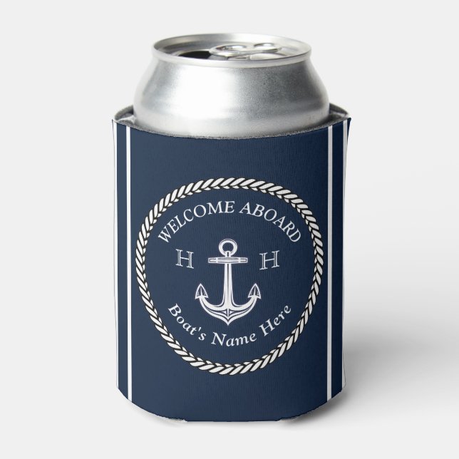 Nautical Navy Blue Boat Name Anchor Rope   Can Cooler (Can Front)