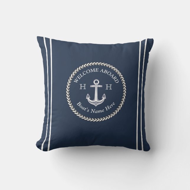Nautical Navy Blue Boat Name Anchor Rope  Cushion (Front)