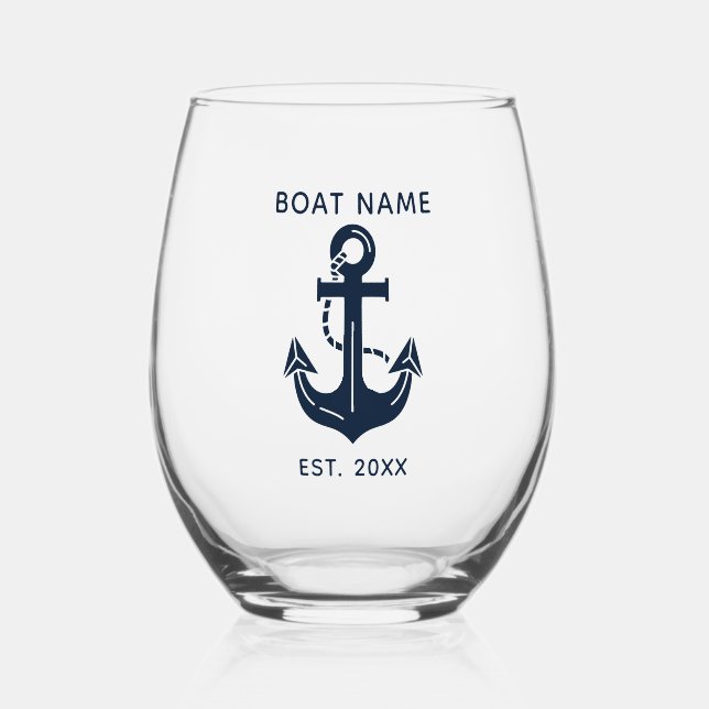 Nautical Navy Blue Boat Name Anchor Stemless Wine Glass (Front)