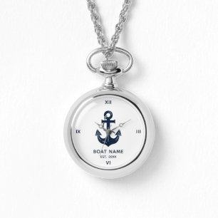 Nautical Navy Blue Boat Name Anchor Watch