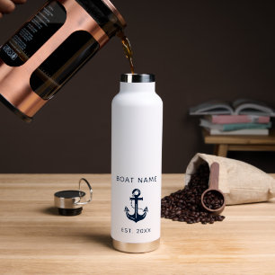 Nautical Navy Blue Boat Name Anchor Water Bottle