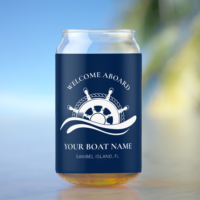 Nautical Navy Blue Boat Name Ship Wheel Can Glass (Creator Uploaded)
