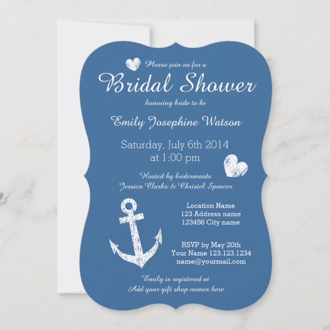 Nautical navy blue bridal shower invitations (Front)