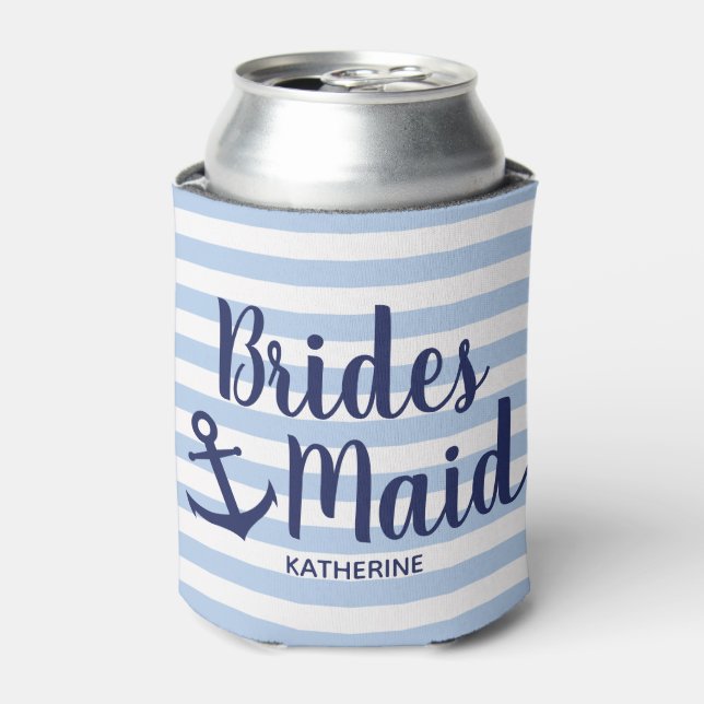 Nautical navy blue bridesmaid with anchor & stripe can cooler (Can Front)
