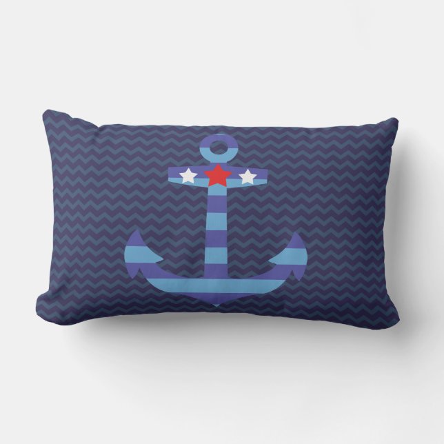 Nautical Navy Blue Chevron | Blue Anchor Lumbar Cushion (Front)