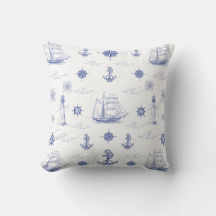 Nautical Navy Blue Coastal Beach Ships Cushion