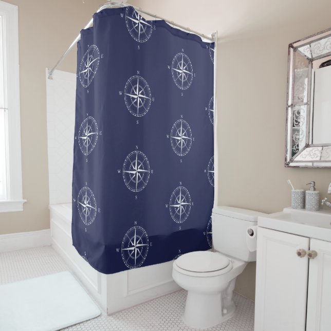 Nautical Navy Blue Coastal Compass Rose Bathroom Shower Curtain (In Situ)