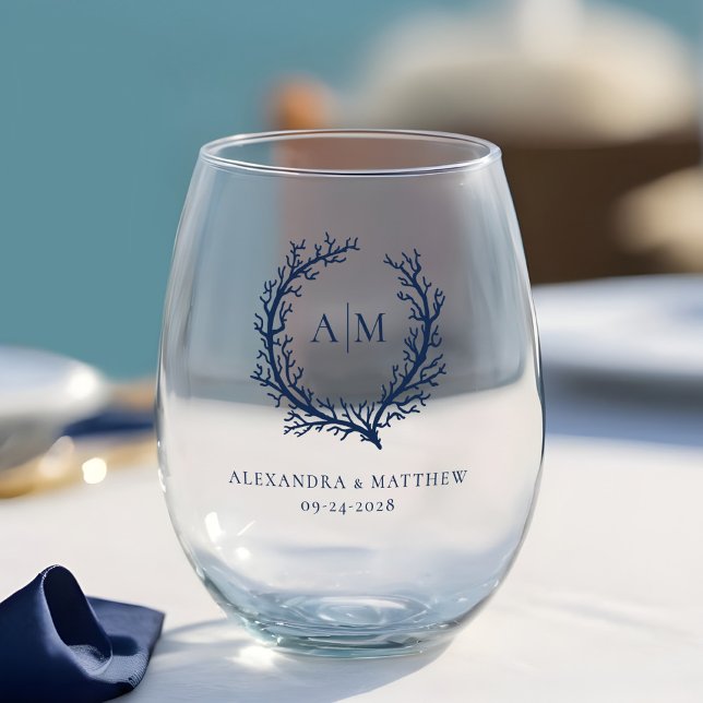 Nautical Navy Blue Coral Reef Monogram Wedding Stemless Wine Glass (Creator Uploaded)