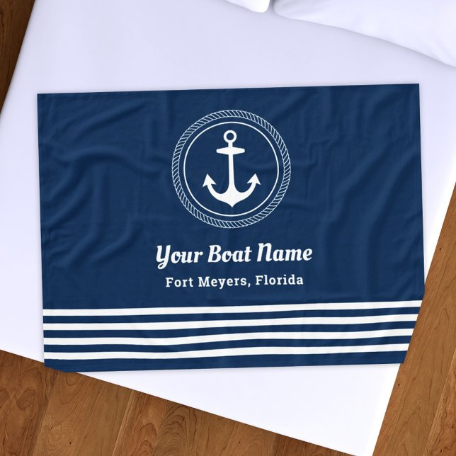 Nautical Navy Blue Custom Boat Name Anchor Fleece Blanket (Creator Uploaded)