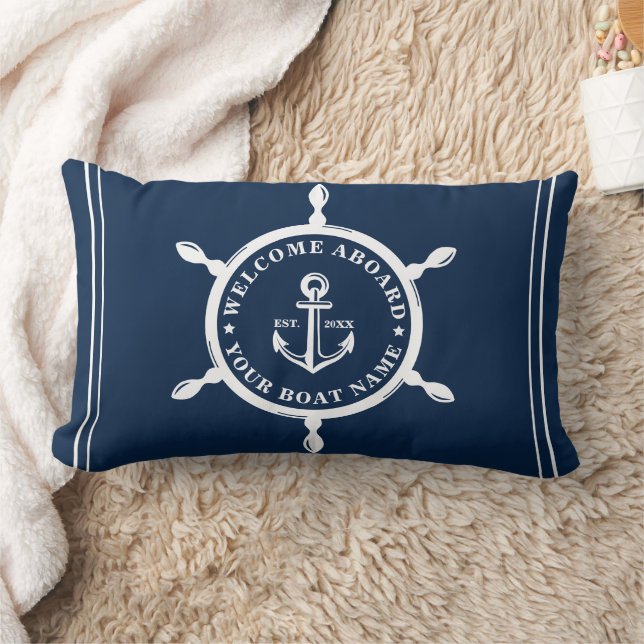 Nautical Navy Blue Custom Boat Name Anchor Lumbar Cushion (Blanket)