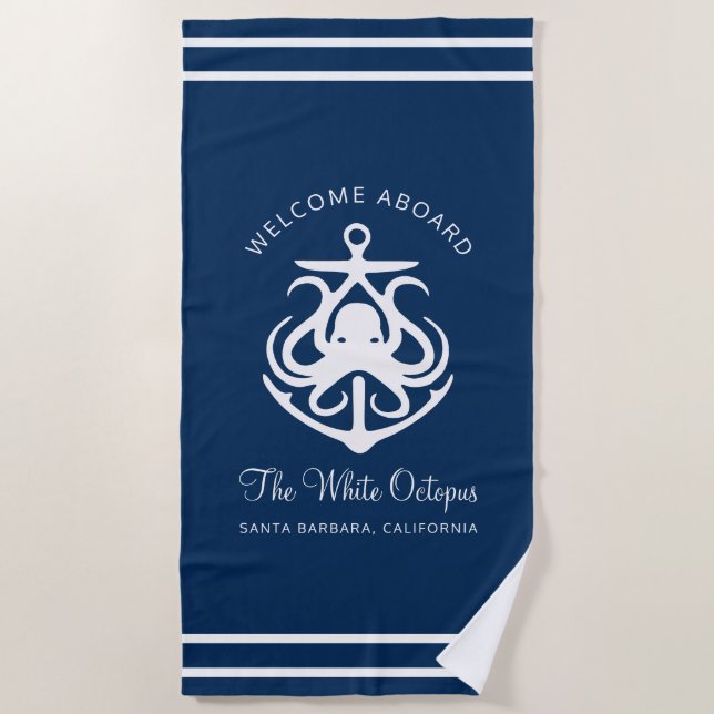 Nautical Navy Blue Custom Boat Name Anchor Octopus Beach Towel (Front)