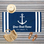 Nautical Navy Blue Custom Boat Name Beach Towel<br><div class="desc">Nautical beach towel in a horizontal format features an elegant boat anchor with preppy horizontal stripes. Personalise the custom text with your boat name and location. Design includes a classic coastal navy blue and white colour scheme.</div>