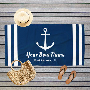 Nautical Navy Blue Custom Boat Name Beach Towel
