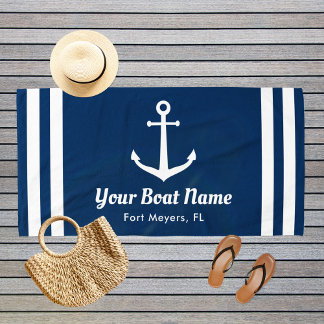 Nautical Navy Blue Custom Boat Name Beach Towel