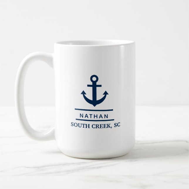 Nautical Navy Blue Custom Boat Name Coffee Mug (Left)