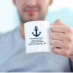 Nautical Navy Blue Custom Boat Name Coffee Mug