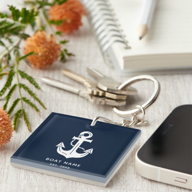 Nautical Navy Blue Custom Boat Name Key Ring (Front Right)