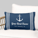 Nautical Navy Blue Custom Boat Name Lumbar Cushion<br><div class="desc">Nautical lumbar throw pillow in a horizontal format features an elegant boat anchor with preppy horizontal stripes. Personalize the custom text with your boat name and location. Design includes a classic coastal navy blue and white color scheme.</div>