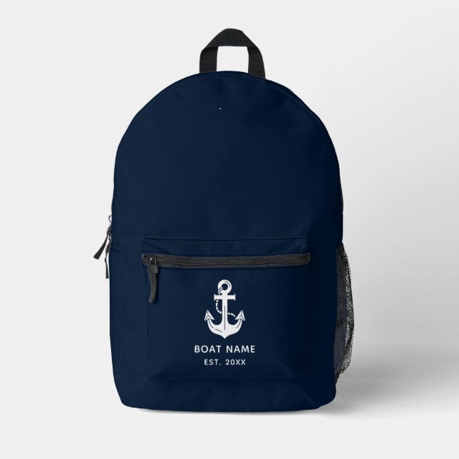 Nautical Navy Blue Custom Boat Name Printed Backpack (Front)