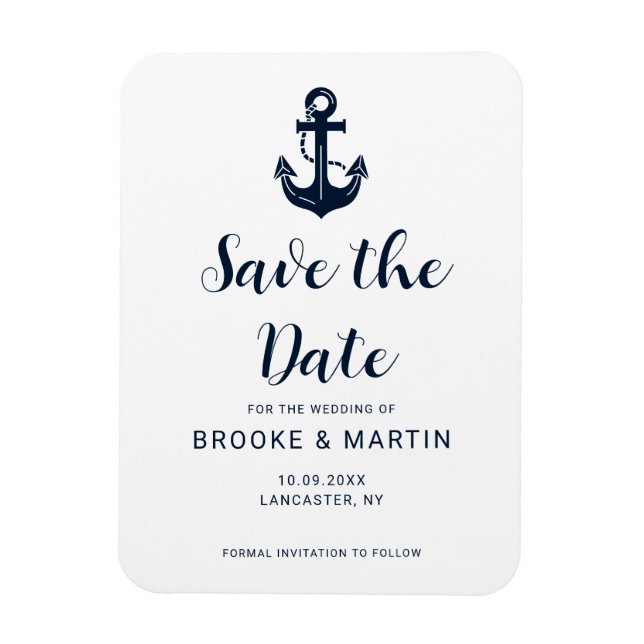 Nautical Navy Blue Custom Boat Name Save the Date Magnet (Vertical)