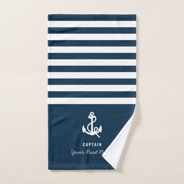 Nautical Navy Blue Custom Boat Name striped  Hand Towel (Hand Towel)