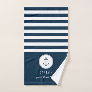 Nautical Navy Blue Custom Boat Name striped  Hand Towel