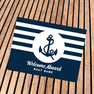 Nautical Navy Blue Custom Boat Name Welcome Aboard Doormat