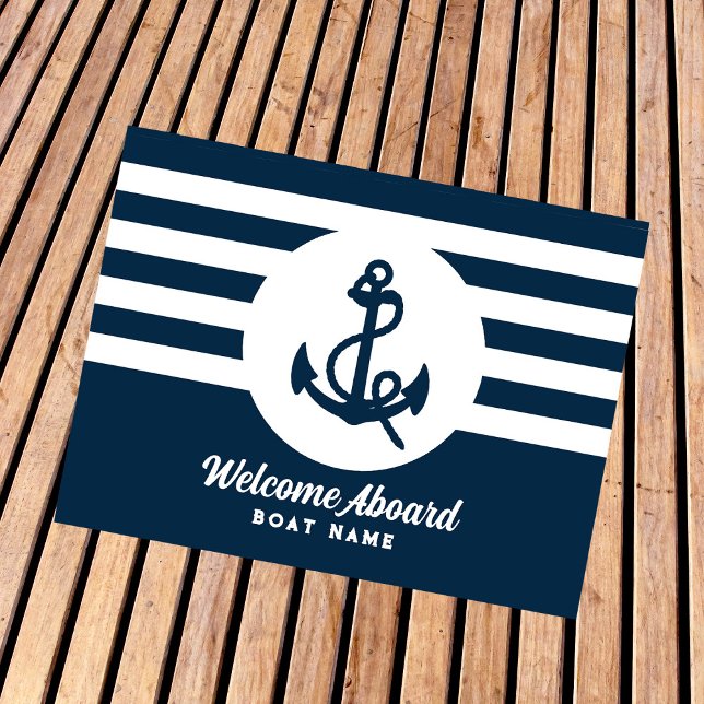 Nautical Navy Blue Custom Boat Name Welcome Aboard Doormat (Creator Uploaded)