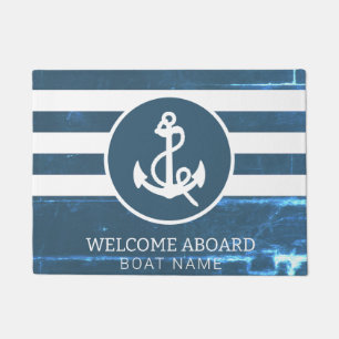 Nautical Navy Blue Custom Boat Name Welcome Aboard Doormat