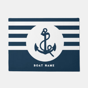 Nautical Navy Blue Custom Boat Name Welcome Aboard Doormat