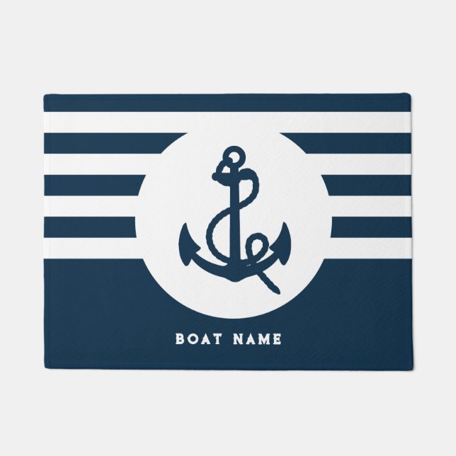 Nautical Navy Blue Custom Boat Name Welcome Aboard Doormat (Front)