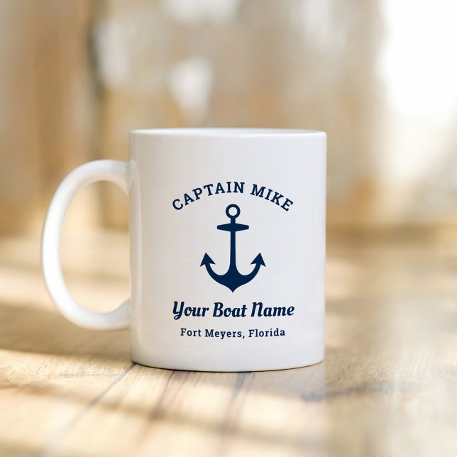Nautical Navy Blue Custom Captain Boat Name Coffee Mug (Creator Uploaded)