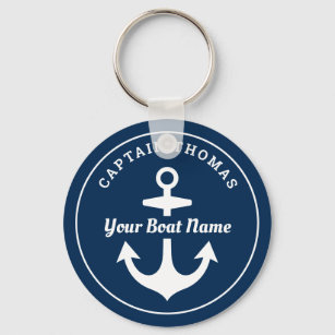 Nautical Navy Blue Custom Captain Boat Name Key Ring