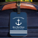 Nautical Navy Blue Custom Captain Boat Name Luggage Tag<br><div class="desc">Nautical custom luggage tag features a coastal style boat anchor with stylish typography design. Personalise the text with the name of the captain,  boat name,  and location. Makes a fun unique gift for boat owners. Classic navy blue and white colour scheme can be modified.</div>
