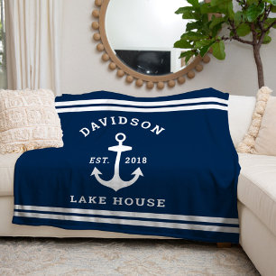 Nautical Navy Blue Custom Family Lake House Anchor Fleece Blanket