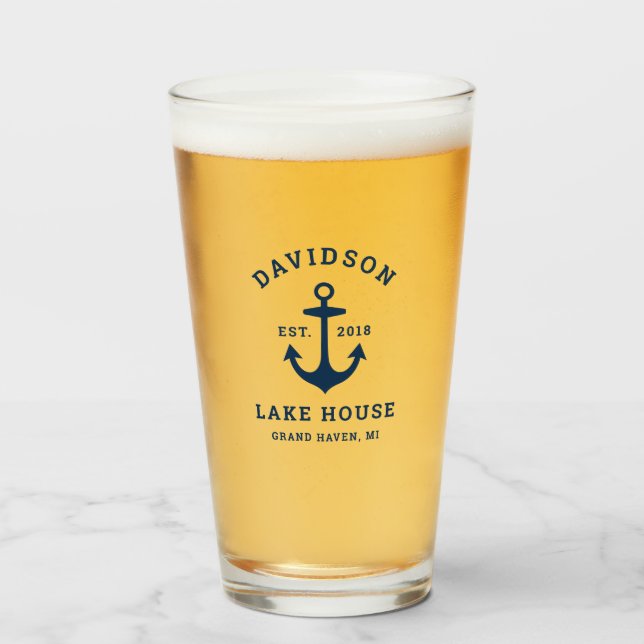 Nautical Navy Blue Custom Family Lake House Glass (Front Filled)
