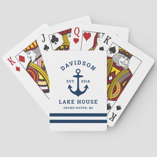 Nautical Navy Blue Custom Family Lake House Playing Cards (Back)