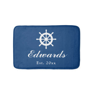 Nautical navy blue custom family name bath mat rug