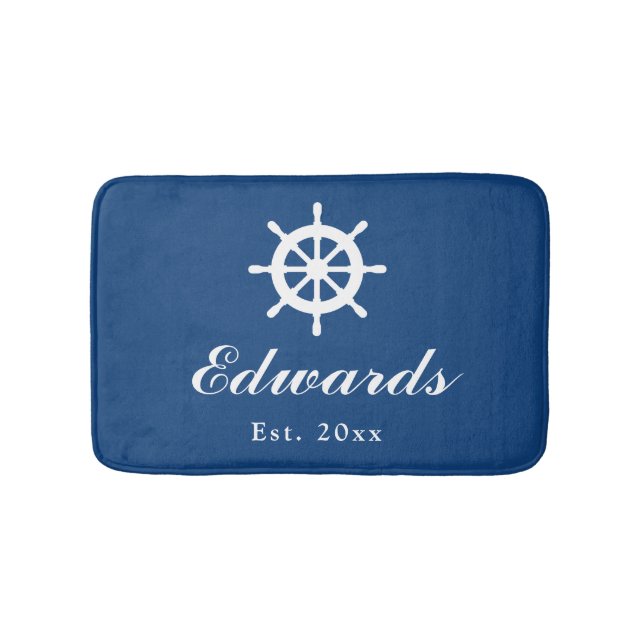 Nautical navy blue custom family name bath mat rug (Front)