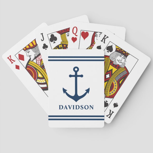 Nautical Navy Blue Custom Monogram Playing Cards (Back)