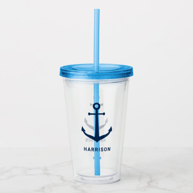 Nautical Navy Blue Custom Name Boat Anchor Acrylic Tumbler (Front)