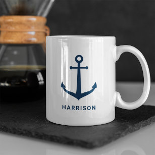 Nautical Navy Blue Custom Name Boat Anchor Coffee Mug