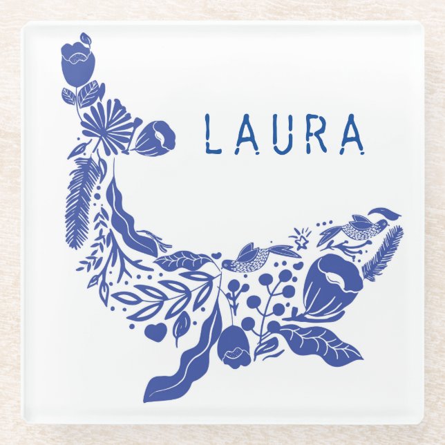 Nautical Navy Blue Cute Whale Floral Custom Name Glass Coaster (Front)