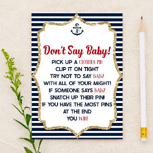 Nautical Navy Blue Don't Say Baby Shower Game Stationery