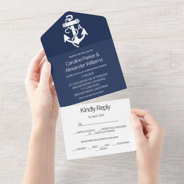 Nautical Navy Blue Elegant Modern Ocean Wedding All In One Invitation (Tearaway)