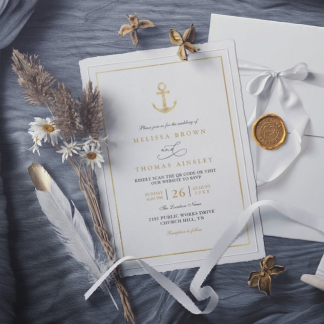 Nautical navy blue elegant modern qr code wedding invitation (Creator Uploaded)