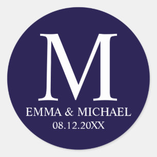 Nautical Navy Blue Elegant Monogram Wedding Favour Classic Round Sticker